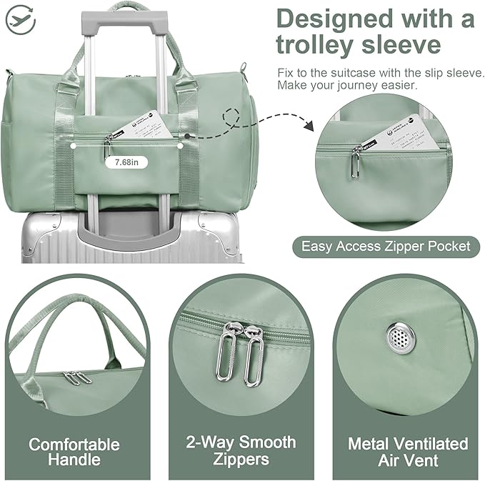 FIORETTO Womens Gym Tote Duffle Bag with Wet Pocket & Shoe Compartment, Sports Duffel Overnight Weekender Hospital Workout Carry on Bag for Girls, Ideal for Travel, Swimming, Dance, Ballet Celadon-StrideForce Fitness