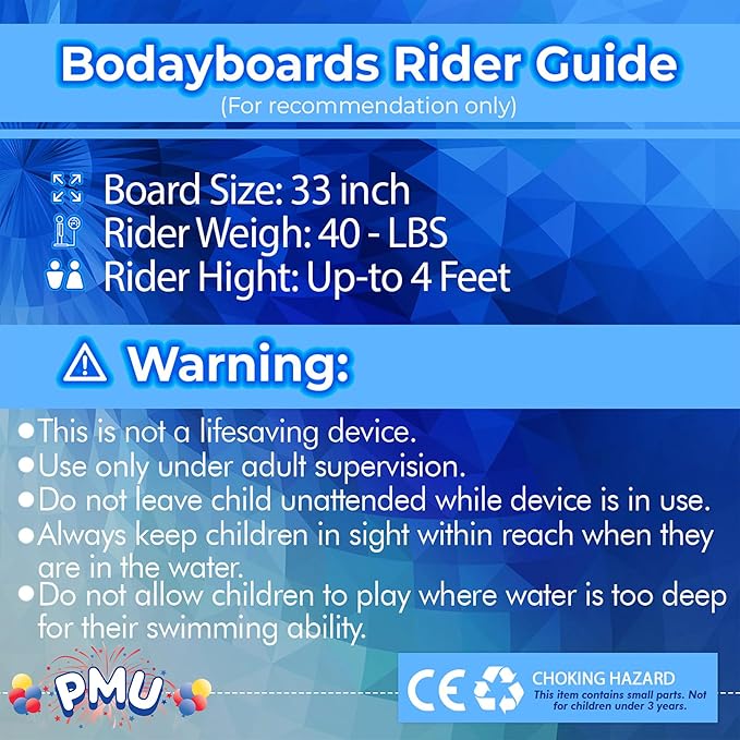 PMU 33 Inch Blue Bodyboard - Lightweight Wrist Leash, Slick Bottom Boards for Beach, Sea & Pool - Surfing Board for Kids, Teens & Adults Wave Conditions Pkg/1-StrideForce Fitness
