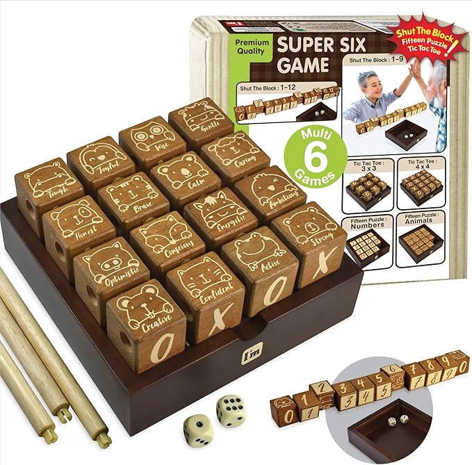 Super SIX : Wooden Multi Board Game: Tic Tac Toe + Shut The Block + 15 Number Sliding Puzzles for Kids and Family-StrideForce Fitness