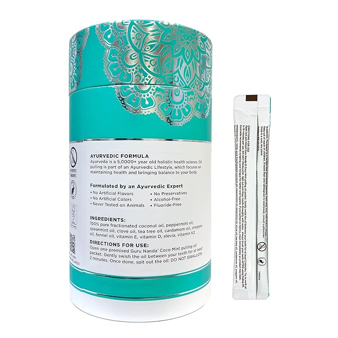 GuruNanda Travel Sachets Coconut Oil Pulling, Fresh Breath Mouthwash, 7 Essential Oils & Vitamins for Happy Teeth & Gums, with Tongue Scraper, 28 Sachets