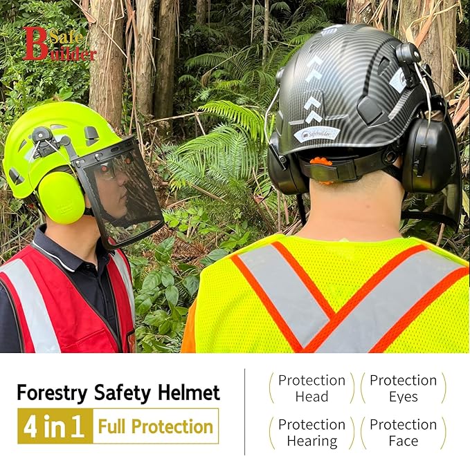 Forestry Safety Helmet with Build-in Visor Mesh Face Shield Ear Muffs 4 in 1 Chainsaw Safety Hard Hats-StrideForce Fitness