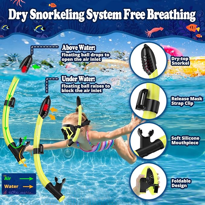 U PHITNIS Kids Snorkel Set for Age 4-14 - Dry Top Snorkeling Gear for Kids Junior & Youth - Childs Diving Mask with Big Eyes for Boys Girls - Anti-Fog Snorkeling Mask and Snorkel Set-StrideForce Fitness