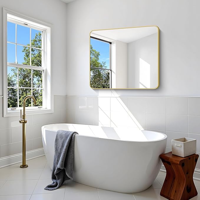 Gold Bathroom Mirror,30x36 inch Wall Mirror for Bathroom Wall Mounted,Round Rectangle Mirror for Bathroom Over Sink,Modern Frame for Home Decor Living Room,Bedroom Entryway,Horizontal/Vertical-StrideForce Fitness