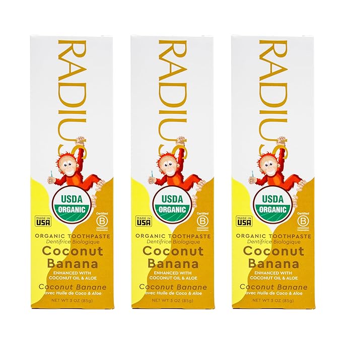 RADIUS USDA Organic Kids Toothpaste 3oz Non Toxic Chemical-Free Gluten-Free Designed to Improve Gum Health for Children's 6 Months and Up - Coconut Banana - Pack of 3