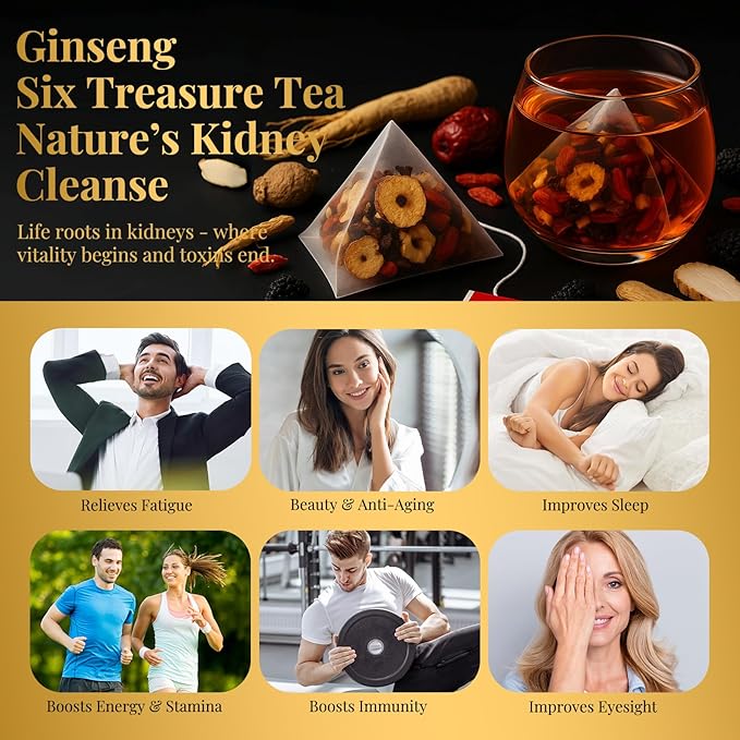 Ginseng Six Treasure Tea - Traditional Kidney Tea for Men & Women, Natural Herbal Formula Bags with 6 Precious Ingredients, Gift for Spouses, Wellness Seekers, Fitness Lovers(1 Pack/25 Bags)-StrideForce Fitness