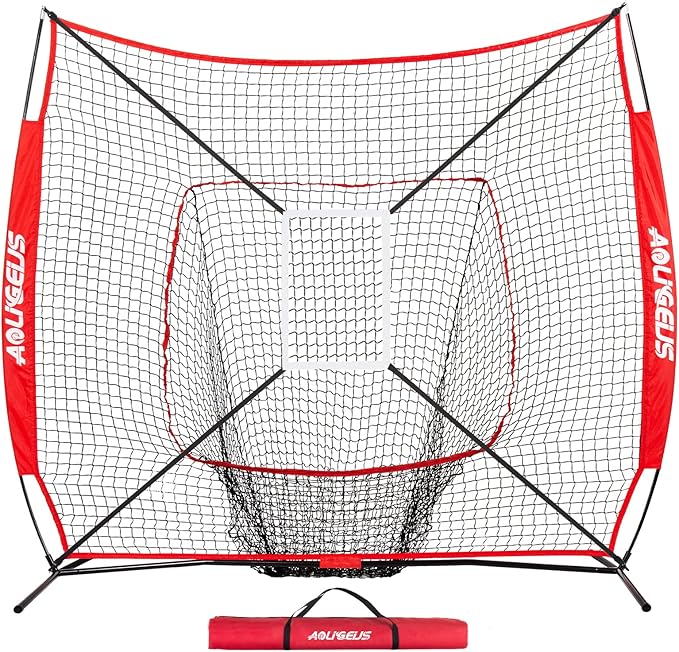 7'X7' Baseball Softball Practice Net,Pitching Net,Batting Net,with Baseball Tee,Bonus Strike Zone and Bow Frame,for Hitting,Pitching, Catching-StrideForce Fitness