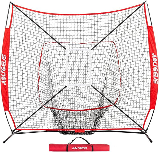 7'X7' Baseball Softball Practice Net,Pitching Net,Batting Net,with Baseball Tee,Bonus Strike Zone and Bow Frame,for Hitting,Pitching, Catching-StrideForce Fitness
