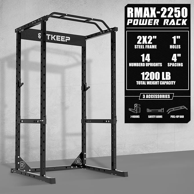 RitKeep Power Rack RMAX 2250 Multi-Function Power Cage for Strength Training - 1200lb Capacity Squat Rack with Multi-Grip Pull-Up Bar, Safety Bars, and J-Hook for Home Gym-StrideForce Fitness