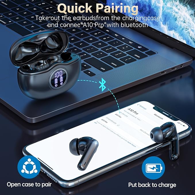 A10 Pro Wireless Earbuds, Bluetooth 5.3 Headphones HiFi Stereo 50H Playback LED Digital Display Ear Buds with ENC Noise Canceling Headset, IPX7 Waterproof Earphones for Gym/Running/Work-StrideForce Fitness