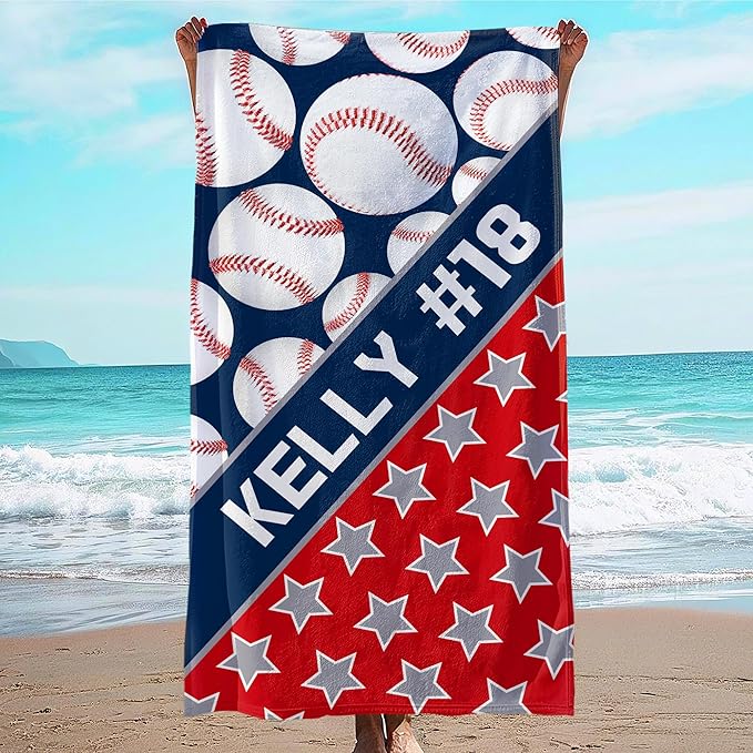 Personalized Beach Towel With Name, Custom Beach Towel with Text, Customized Microfiber Pool Towel, Quick Dry & Absorbent Swim Towel for Adult,Anniversary, Birthday, Summer Holiday,Vacation,Baseball-StrideForce Fitness