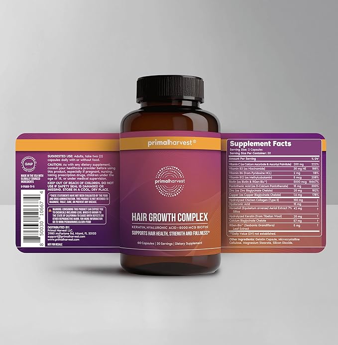 Primal Harvest Hair Growth Vitamins, 2 Pack - 120 Pills, Natural Hair Regrowth, Thickening, and Supplement for Men & Women with Biotin & Zinc-StrideForce Fitness