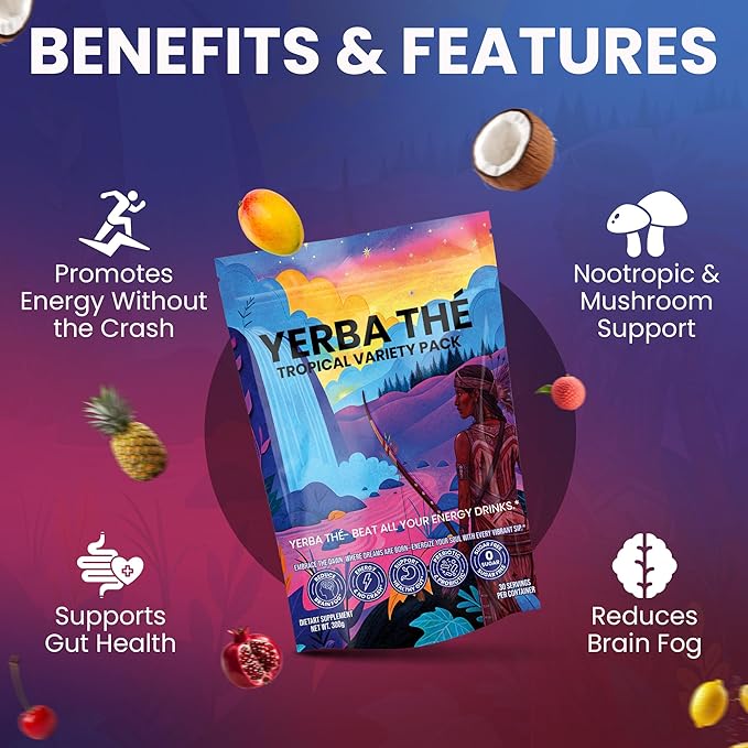 Yerba Mate Tea Powder 5 Mixed Tropical Fruit Flavors Clean Energy Drink Superfood - Support Gut Health, Probiotics and Prebiotics, Reduce Brain Fog, Relaxation & Focus Blend 30 sachets-StrideForce Fitness