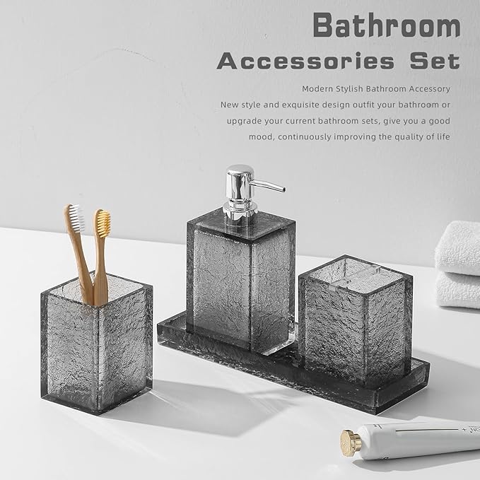 Bathroom Accessories Set, 4Pcs Hand Soap Dispenser and Toothbrush Holder Set, Tumbler Mouthwash Cup, Vanity Tray for Modern Home Decor Bathroom Countertop Organizer (Gray)