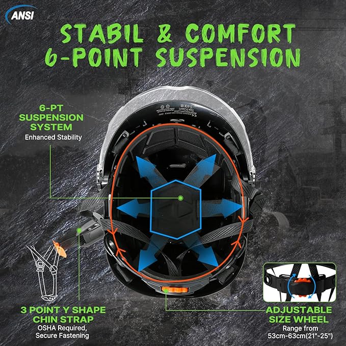 AOLAMEGS Construction Hard Hats for Men - ANSI Z89.1 OSHA Approved Safety Helmets, Black Hard Hat, Adjustable Vented Construction Hat with Clear Visor and Chin Strap, High Impact ABS Hardhats-StrideForce Fitness