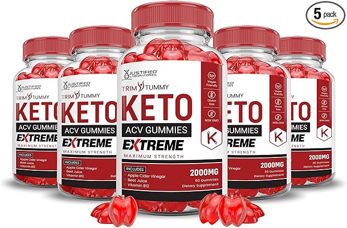 Justified Laboratories (5 Pack Trim Tummy Keto ACV Gummies Extreme 2000MG Trim Tummy Keto Gummies Apple Cider Vinegar Formulated with Pomegranate Beet Juice Powder B12 Vegan Non GMO 300 Gummys-StrideForce Fitness