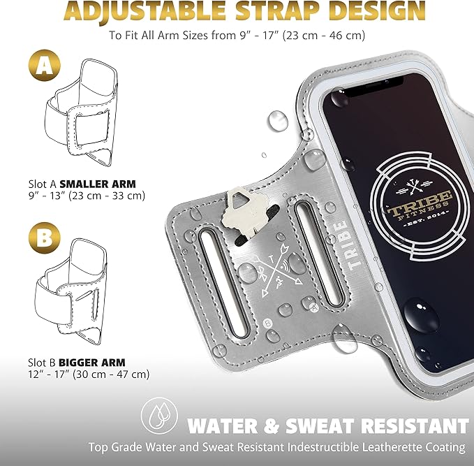 TRIBE Water Resistant Cell Phone Armband Case Running Holder for iPhone Pro Max Plus Mini SE (13/12/11/X/XS/XR/8/7/6/5) Galaxy S Ultra Plus Edge Note (21/20/10/9/8/7/6/5) Adjustable Strap & Key Pocket-StrideForce Fitness