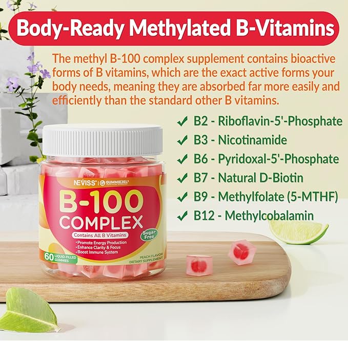 Super Vitamin B Complex Gummies - All B Vitamins Including Methyl B12, B1, B2, B3, B5, B6, Biotin, Methylfolate with Vitamin C, Choline, Inositol, PABA for Energy, Brain & Immune Support, Sugar Free-StrideForce Fitness