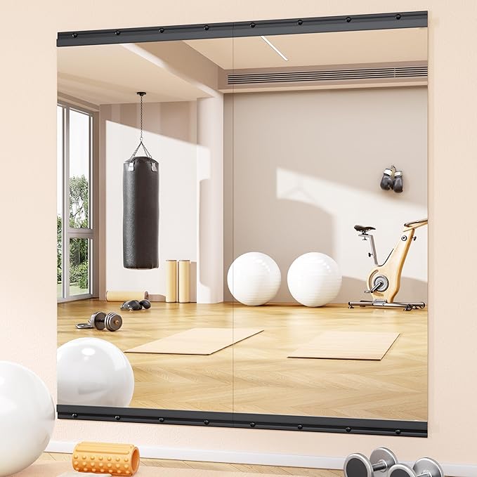 Hasipu 2 Pcs 48''x24'' Home Gym Mirror Large Full Length Wall Mounted Full Body Mirror for Yoga Dance Fitness Exercise Studio Bedroom Garage, Frameless Tempered Glass Workout Mirrors Black Rectangular-StrideForce Fitness