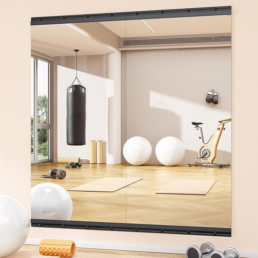 Hasipu 2 Pcs 48''x24'' Home Gym Mirror Large Full Length Wall Mounted Full Body Mirror for Yoga Dance Fitness Exercise Studio Bedroom Garage, Frameless Tempered Glass Workout Mirrors Black Rectangular-StrideForce Fitness