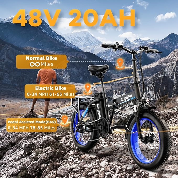1000W Folding Electric Bike, 48V 20AH Large Removable Battery E Bike, 30+MPH, 80 Miles Max Range, 20" Fat Tire Electric Bike for Adults, Adult Electric Bicycles for Commute Beach Snow-StrideForce Fitness