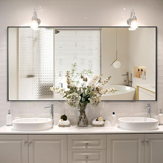 55x30 Inch Black Bathroom Mirror for Wall, Aluminum Frame Rectangle Rectangular Vanity Mirror, Modern Large for Bedroom, Living Room, Horizontal or Vertical-StrideForce Fitness