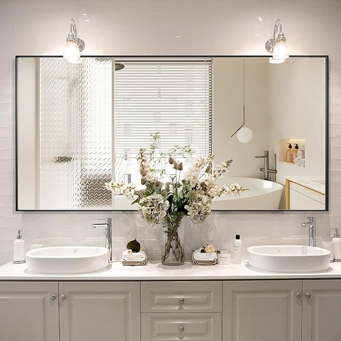 60x30 Inch Bathroom Mirror for Wall, Aluminum Frame Rectangle Rectangular Vanity Mirror, Modern Large for Bedroom, Living Room, Horizontal or Vertical, Black-StrideForce Fitness