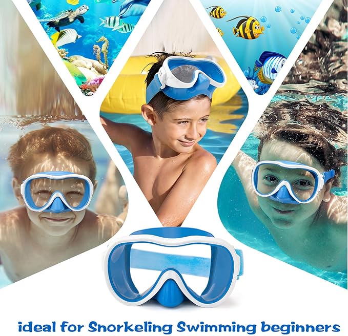 Kids Swim Goggles 180° Snorkel Diving Mask with Nose Cover, Anti-Fog Kids Swimming Goggles with Elastic Fabric Strap for Kids Boys Girls-StrideForce Fitness