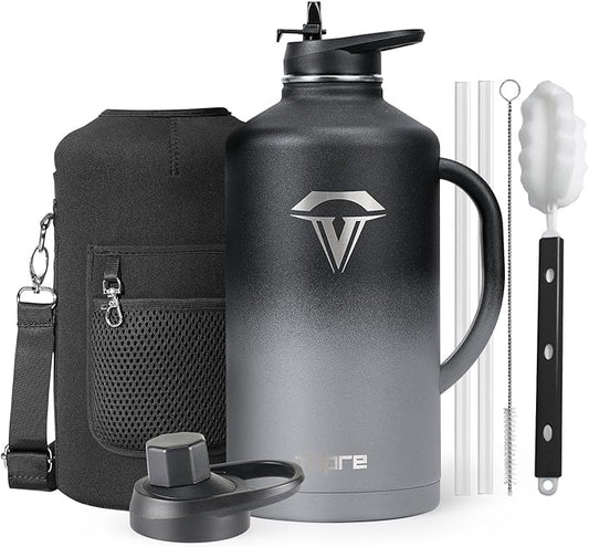 128 oz Insulated Water Bottle with Straw and Lid, One Gallon Stainless Steel Cup with Handle,Leakproof Metal Travel Jug Flask Mug Tumbler Cup With Carry Pouch and Brush,Keep Cold & Hot,Grey-StrideForce Fitness