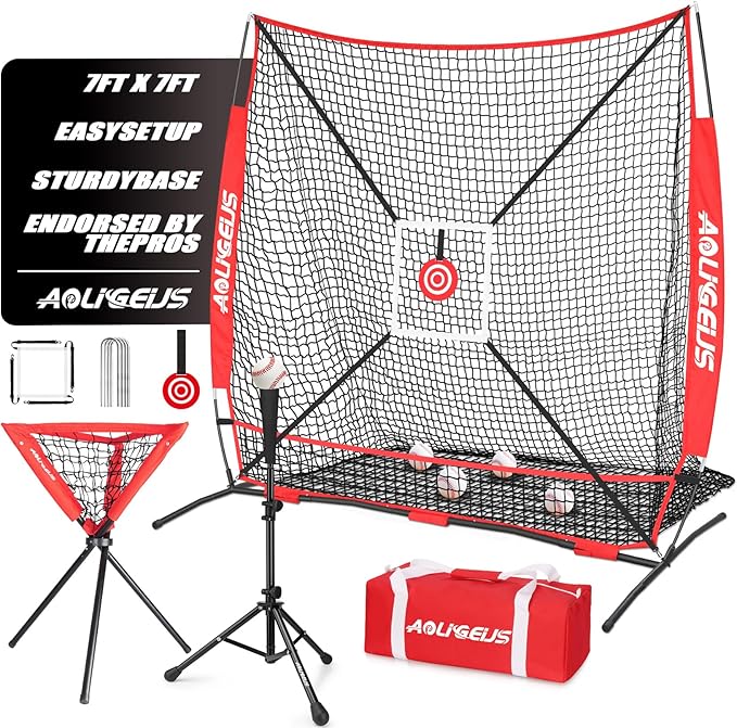 6'X6' Baseball Softball Practice Net with Batting Tee and Ball Caddy, Bonus Strike Zone Target and Bow Frame, for Hitting, Pitching, Catching-StrideForce Fitness
