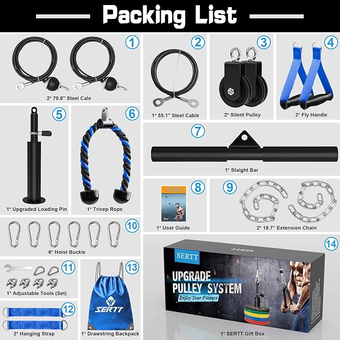 SERTT Weight Cable Pulley System Gym, Upgraded Cable Pulley Attachments for LAT Pull Down, Biceps Curl, Tricep, Arm Workouts - Home Gym Add On Equipment-StrideForce Fitness