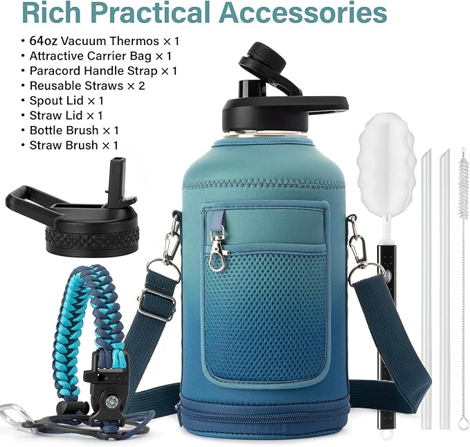 Insulated Water Bottle | Thickened Stainless Steel Vacuum Metal | Portable Sports Half Gallon Large Water Jug for Gym and Hiking with Straw, Carrier Bag, Handle Strap | BPA-Free 64 oz-StrideForce Fitness