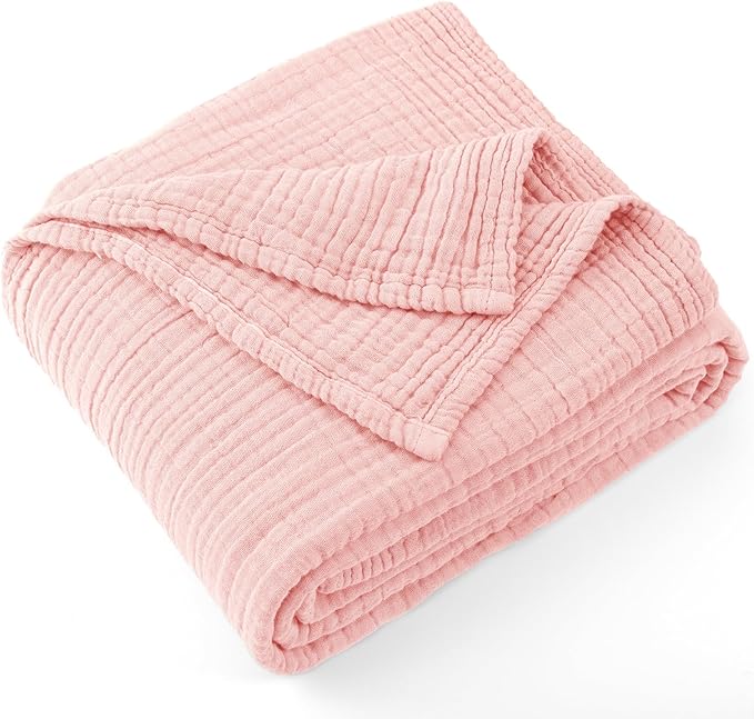 Carriediosa 100% Cotton Muslin Throw Blanket 66" X 90" Twin XL Size，4-Layers Summer Gauze Throws for Bed Couch，Soft Lightweight Breathable Linen Blankets Bedspread for Adults All Season，Dusty Pink-StrideForce Fitness