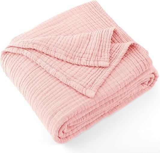 Carriediosa 100% Cotton Muslin Throw Blanket 70" X 80" Twin Size，4-Layers Summer Gauze Throws for Bed Couch，Soft Lightweight Breathable Linen Blankets Bedspread for Adults All Season，Dusty Pink-StrideForce Fitness