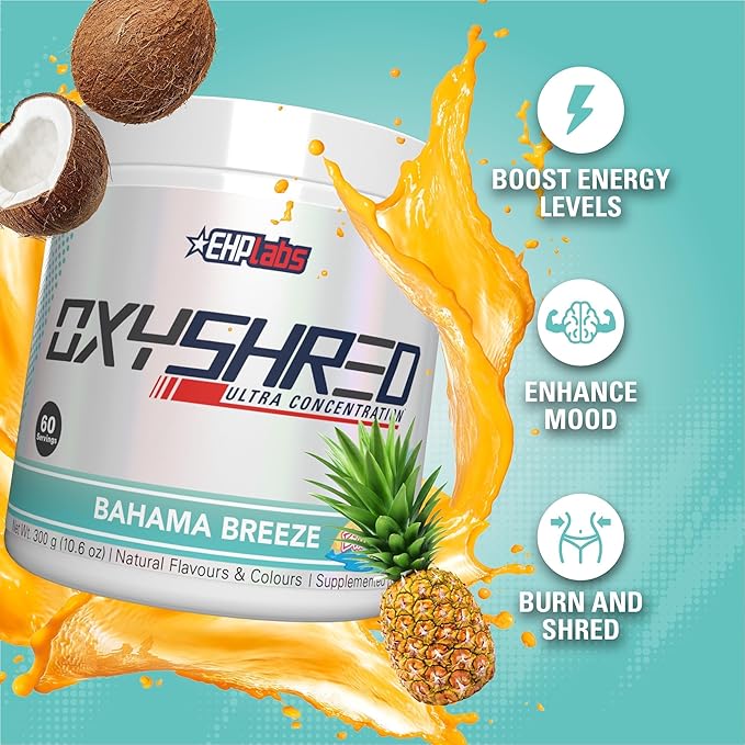 EHP Labs OxyShred Pre Workout Powder - Preworkout Powder with L Glutamine & Acetyl L Carnitine, Energy Boost Drink - Bahama Breeze, 60 Servings-StrideForce Fitness