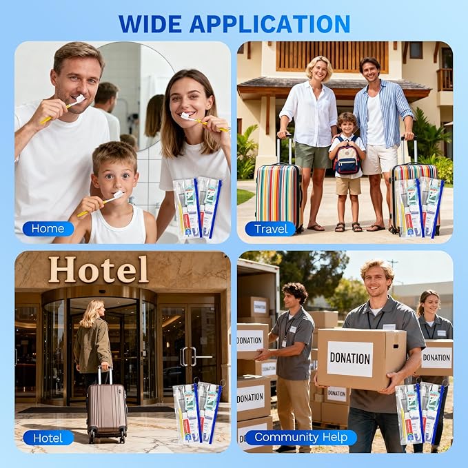 Xuezoioy Personal Hygiene Kit Bulk Pack of 50,Yellow Basic Travel Toiletry Set Disposable Toothbrushes with Toothpaste Mouthwash Floss Comb Cover and Zip Bag for Homeless,Charity,Guests