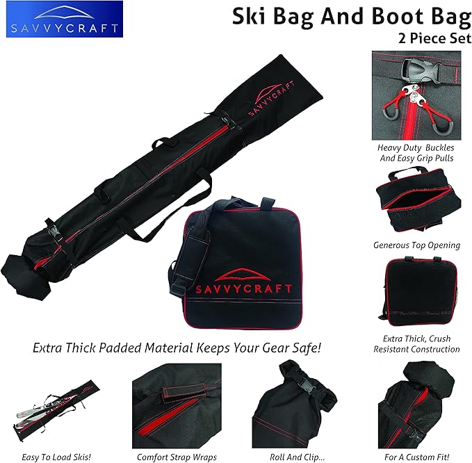 Savvycraft Padded Ski bag and Boot Bag Combo, Thick Padded Ski and Boot Bag 2-Piece Set for Protection and Easy Travel-StrideForce Fitness