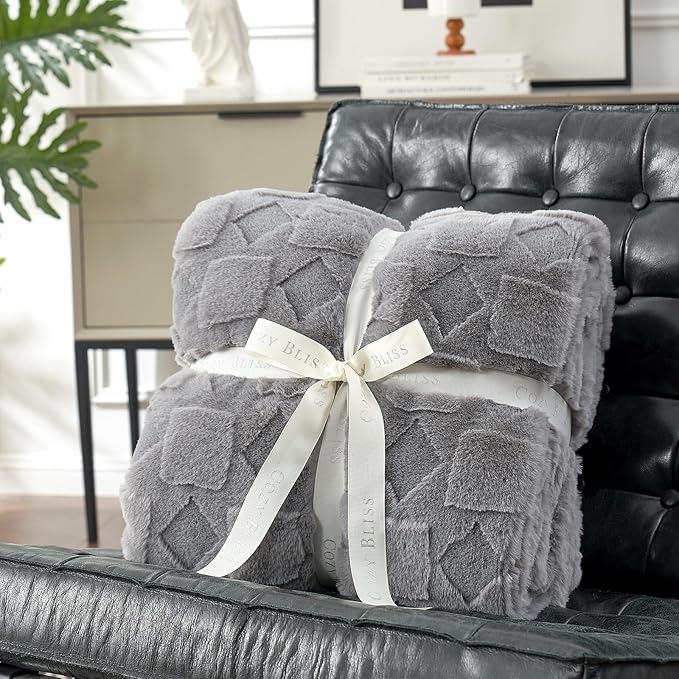 Cozy Bliss Faux Fur Throw Blanket for Couch - Soft Checkered Fuzzy Cozy Throw Gifts Blankets for Women,Grey Boho Blanket for Sofa Bedroom Living Room.50 * 60 Inches-StrideForce Fitness