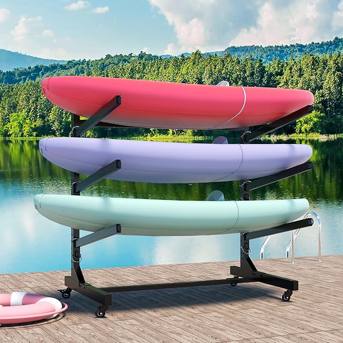 Kayak Storage Rack, Heavy Duty Kayak Stand Canoe Rack with Wheels, Freestanding Kayak Holder Stand for Kayaks, Canoes, Surfboard, Paddleboard Storage-StrideForce Fitness