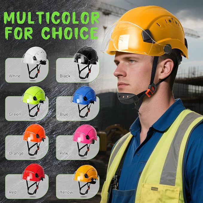 AOLAMEGS Construction Yellow Hard Hats - ANSI Z89.1 Class C Approved Adjustable Vented Hard Hat with Clear Visor for Men Women 6-Point Suspension ABS Safety Helmet for Outdoor Height Work-StrideForce Fitness