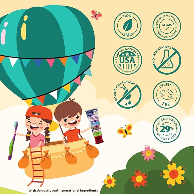 GuruNanda Kids Oral Care Regimen Kit with Toothpaste, Butter On Gums Toothbrush, Oil Pulling Mouthwash, Giraffe Floss Picks, Water Flosser & Tongue Scrapers