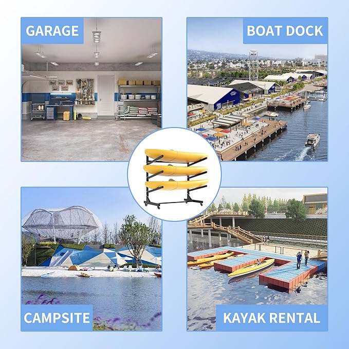 Kayak Storage Rack, Heavy Duty Kayak Stand Canoe Rack with Wheels, Freestanding Kayak Holder Stand for Kayaks, Canoes, Surfboard, Paddleboard Storage-StrideForce Fitness