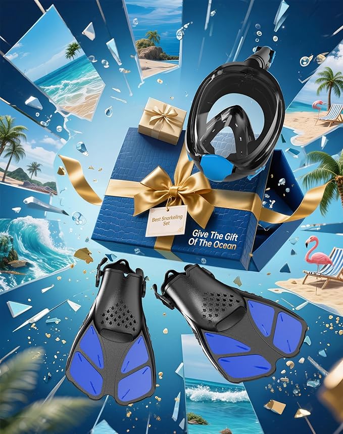 Mask Fins Snorkeling Gear for Adults, Full Face Snorkel Mask & Adjustable Swim Fins Snorkel Set, Panoramic View Snorkel Mask Dry Top Anti-Fog Anti-Leak-StrideForce Fitness