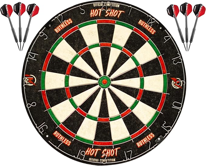 Ruthless Hot Shot Dart Board | Endurance Round Wire Sisal Dartboard Set Including 2 sets of Steel Tip Darts-StrideForce Fitness