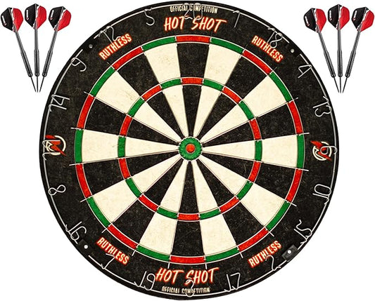 Ruthless Hot Shot Dart Board | Endurance Round Wire Sisal Dartboard Set Including 2 sets of Steel Tip Darts-StrideForce Fitness