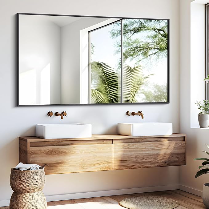 Black Bathroom Mirror for Wall, 30x50 Inch Rectangle Mirrors with Metal Frame, Modern Vanity Wall Mirror Decor for Entryway Hangs, Bathroom Living Room Horizontal or Vertical-StrideForce Fitness