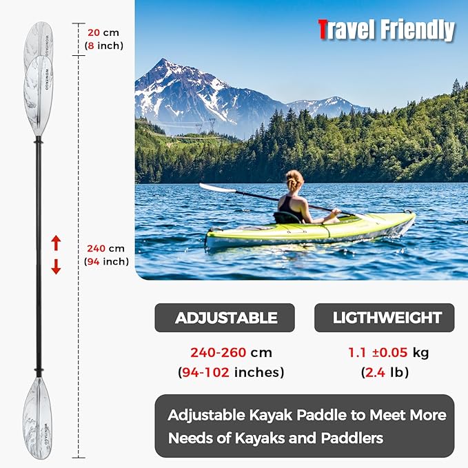 Kayak Paddles with Alloy Shaft and PP Blade, Floating Kayaking Oars, Adjustable 230-250 cm/90-98 Inches, 210-230 cm/82-90 Inches-StrideForce Fitness