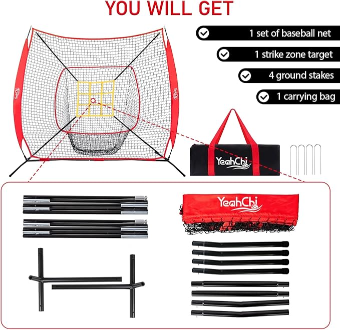 7×7FT Baseball net, Pitching net with Strike Zone Target, Baseball&Softball Practice net with Sturdy Bow Frame and Stable Base,Portable Practice net for All Ages and All Skilled Levels-StrideForce Fitness