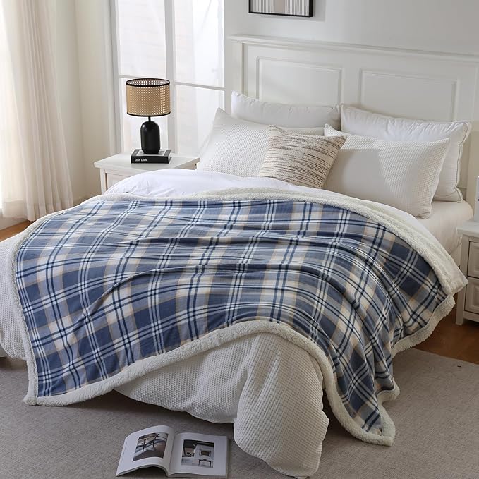 PU MEI Sherpa Blanket Twin Plaid Thick Bed Blanket, 60”*80” Super Soft Flannel Fuzzy Fleece Reversible Velvet Plush Warm Blanket for Couch (Blue White Check)-StrideForce Fitness