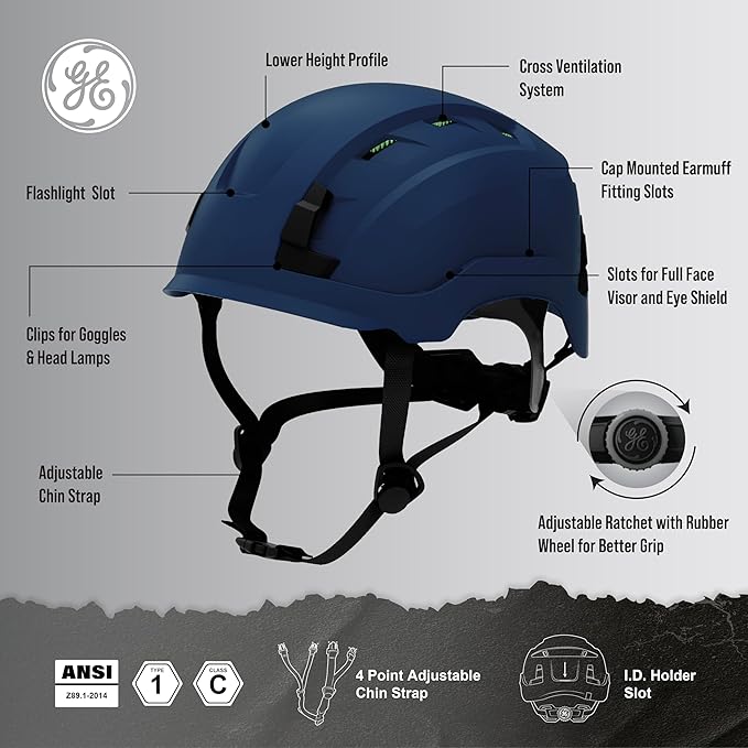 GE Safety Helmet, Impact Absorbing Tech, Adjustable Ratchet, ANSI Type 1, Memory Foam Padding, Hard Hats Protection, Lightweight, Durable, Chin Strap, Comfortable Fit OSHA Approved-StrideForce Fitness