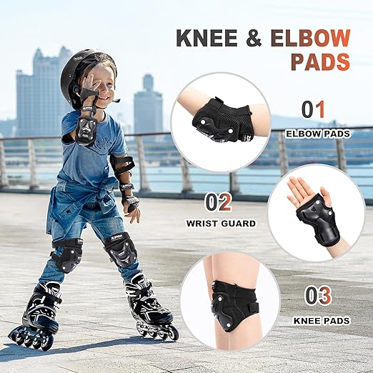 2PM SPORTS Knee Pads for Kids, Wrist Guards Knee and Elbow Pads Set with Drawstring Bag, Protective Gear Set for Girls Boys Roller Skating Cycling Skateboard - Black Small-StrideForce Fitness